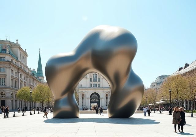 Una grande scultura moderna installata in una piazza.